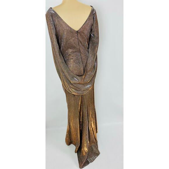 Betsey & Adam Size 14 Cape Sleeve Drape Metallic Evening Gown Taupe Modest $258 - Picture 10 of 14